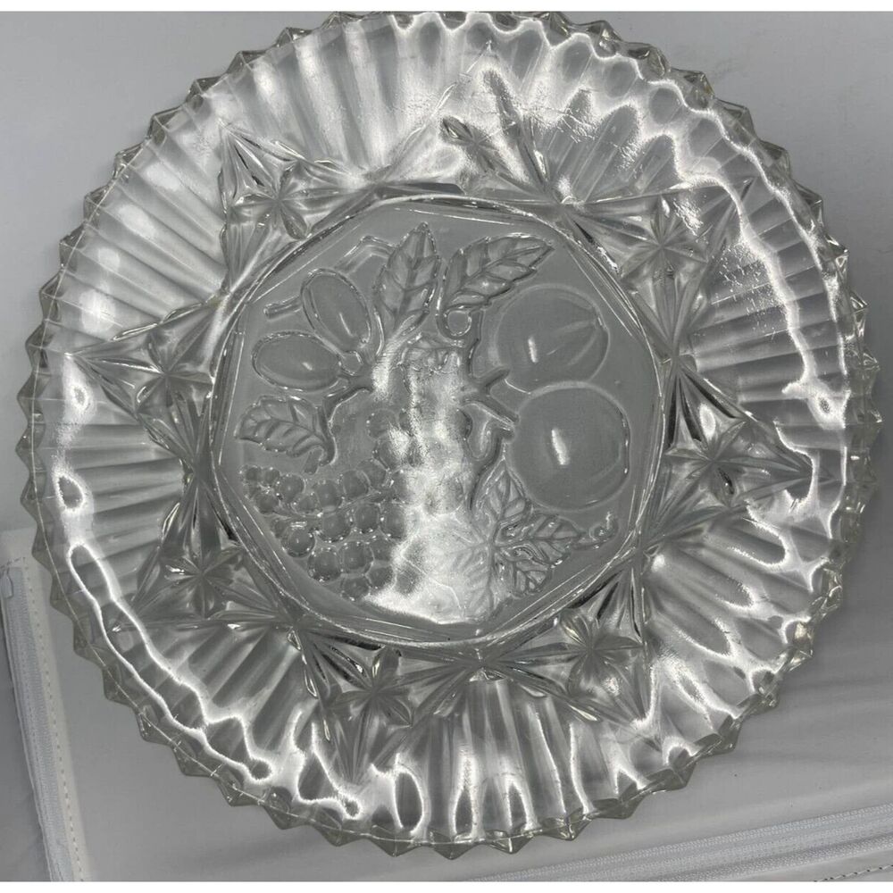 INDIANA GLASS FRUIT ROUND SERVING PLATTER 11" CAKE PLATE CRIMPED VINTAGE DISH